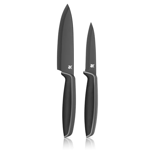 WMF Touch 01879086100 Messenset 2-delig zwart, Koksmes (13 cm), Universeelmes (9 cm), Speciaal Lemmetstaal, Anti-Slip Soft-Touch Handvat, Corrosiebestendig, Zuurbestendig, Incl. Beschermkap