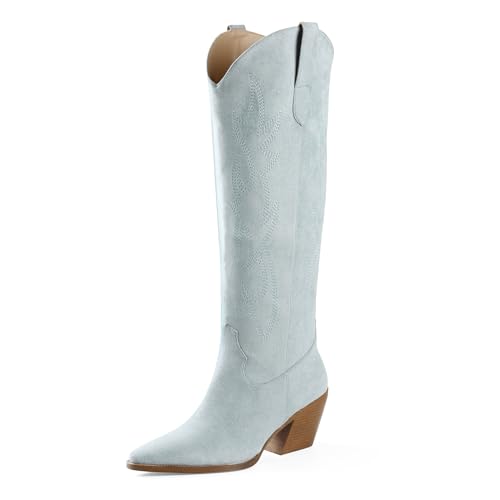 Image of iiimmu Cowgirl Boots Women Knee High Boots Pointed Toe and Block Heel Cowboy Suede and Faux Leather Boots with Embroidered