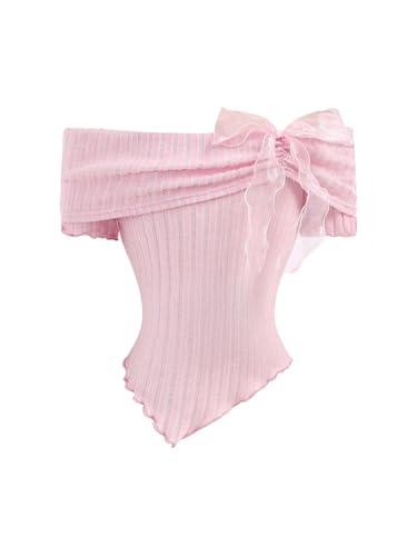 SHENHE Girl's Off Shoulder Bow Shirt Ribbed Knit Short Sleeve Asymmetrical Fitted Tee Top