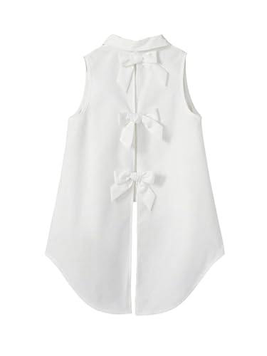 Women's Bow Back Blouse Collar Neck Button Down Vest Sleeveless Asymmetrical Split Blouse Top Tank