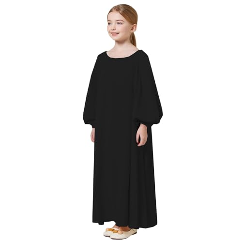 Girls Dresses Elastic Sleeve Pure Color Kebaya Abaya Robe Dress for Middle Eastern Style Modest Loose Fit Long Dress