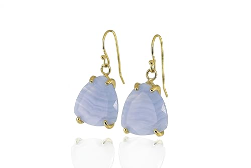 Agate Bleue boucles d'oreilles anti-perte en or massif avec pierre trillion sertie 4 griffes