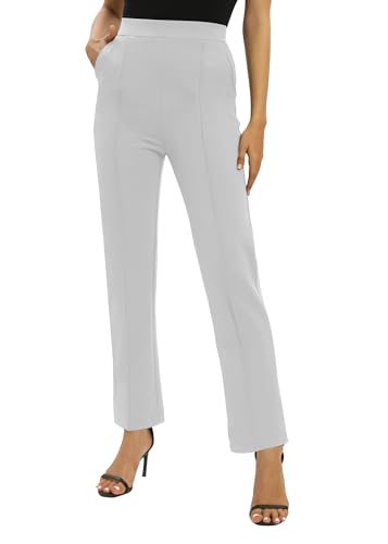EXCHIC Damen Business Büro Gerades Bein Arbeits Hosen Freizeit Elastische Taille Hosen mit Taschen(L, Hell Grau) EXCHIC Damen Business Büro Gerades Bein Arbeits Hosen Freizeit Elastische Taille Hosen mit Taschen(L, Hell Grau)