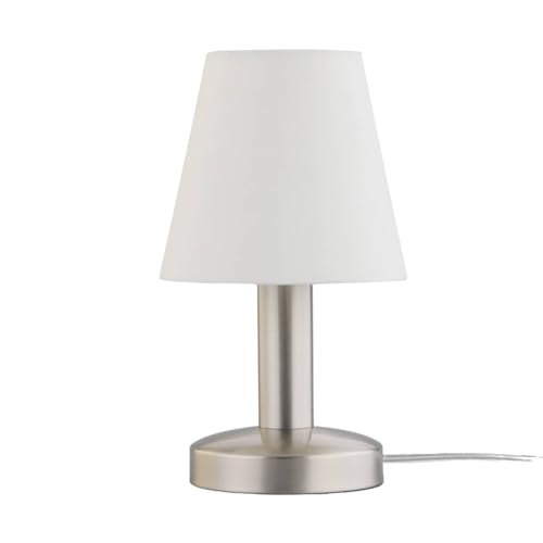 Lindby Tischlampe mit Touchfunktion, Tischleuchte Stoffschirm wei&szlig; Nachttischlampe Nickel satiniert 1x E14 max. 40W ohne Leuchtmittel Wohnzimmer Schlafzimmerlampe