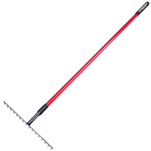 Stone Rake - 16-Tine Heavy Duty Gardening Tool with Fiberglass Long Handle, Ideal for Spreading Stones, Gravel and Mulch, 7-Gauge Yard & Lawn Leveling Rake - 100% Made in The USA, 66-Inch