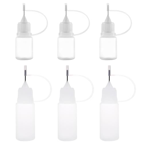 6 Pcs Nadelflaschen-Set, Dosierflasche, Nadelflasche,Quetschflasche Klein,Spritzflasche,Plastikflasche, Kleber zum Auftragen präziser Leimmengen, DIY-Feder 5ml/10ml