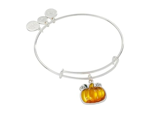 Alex and Ani Pumpkin Expandable Wire Bangle Bracelet, Shiny Silver Finish, Orange Pumpkin Charm, 2 to 3.5 in