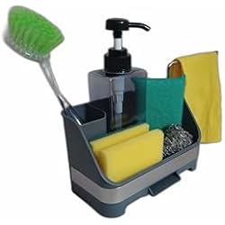 Lebrillo Fregadero Organizador Fregadero Cocina, Dispensador de Jabón, Bandeja Inferior de Drenaje Desmontable, Varilla de Acero Inoxidable para Bayeta. Organizador Estropajo y Bayeta, Jabonera, Escurridor de Cepillos