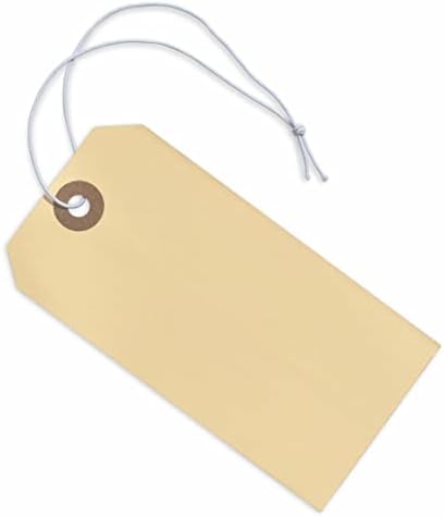 Tags with Elastic String Attached - #5, 4 3/4" x 2 3/8" Box of 100 Large Label Tags with String and Reinforced Hole, Manila Paper Tags with Strings Attached