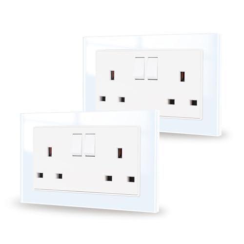 JIMEIDA 2 Pack Double Switched Power Socket White 13 Amp Crystal Glass Panel Wall Outlet Electric Socket