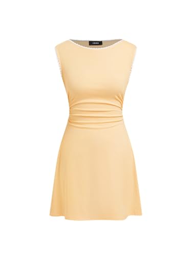 CIDER Women's Summer Mini Dress Boat Neck Sleeveless Ruched Tie
