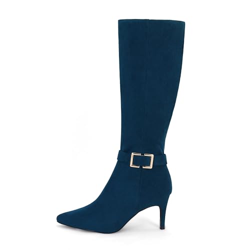 Coutgo Womens Knee High Boots Stiletto Heels Suede Pointed Toe Wide Calf Metal Buckle Side Zipper Winter Boots4