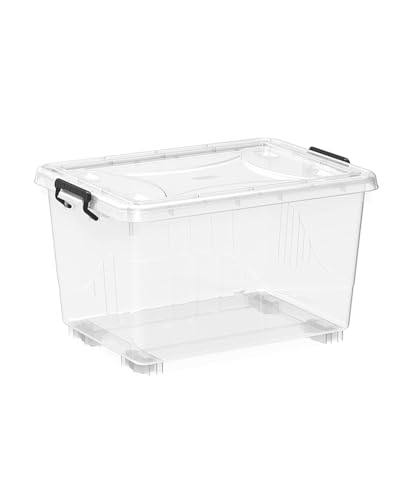 Storage Box Heavy Duty Plastic Storage Box with Lockable Lid & Wheels Clear Organizer Bin for Clothes Tools & Home Office 33L
