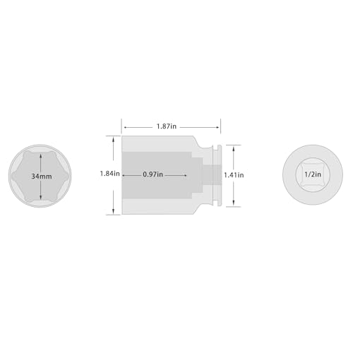 Image of 1 /2 Inch Drive 34mm Shallow Metric Impact Socket,CR-MO,6 Point Radius Corner Design,Square Chamfered Opening,Axle Nut Impact Grade Socket for Easy Removal