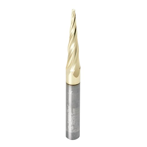 Amana Tool Up Cut Spiral CNC Router Bits for 2D/3D Carving, ZrN Coated, 46282, 5.4 Deg Tapered Angle Ball Tip 1/16 D x 1/32 R x 1 x 1/4 Shank 4 Fl