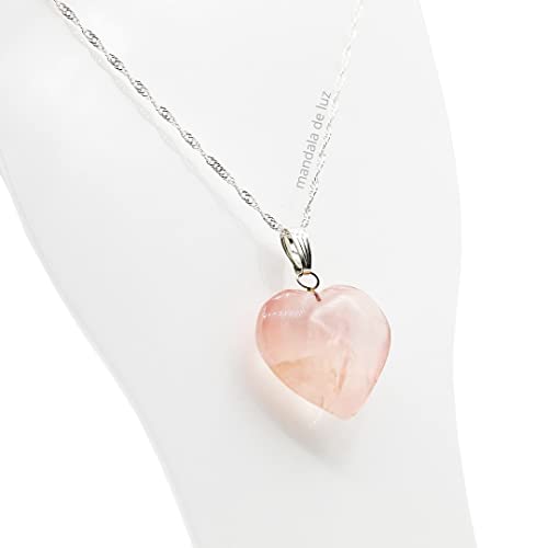 Colar de Coração de Quartzo Rosa Natural Folheado a Prata