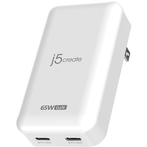 j5create 65W GaN Slim PD USB-C 2-Port Charger, White, JUP2465