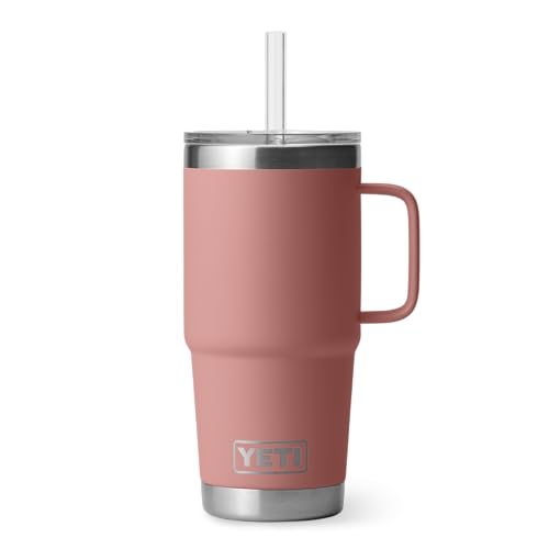 YETI Rambler 25 oz Tumbler with Handle and Straw Lid, Travel Mug Water Tumbler, Vacuum Insulated Cup with Handle, Stainless Steel, Sandstone Pink