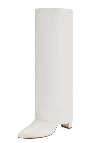 Putu Fold Over Boots for Women Knee High Boots Chunky High Heel Tall Boots with Pointed Toe