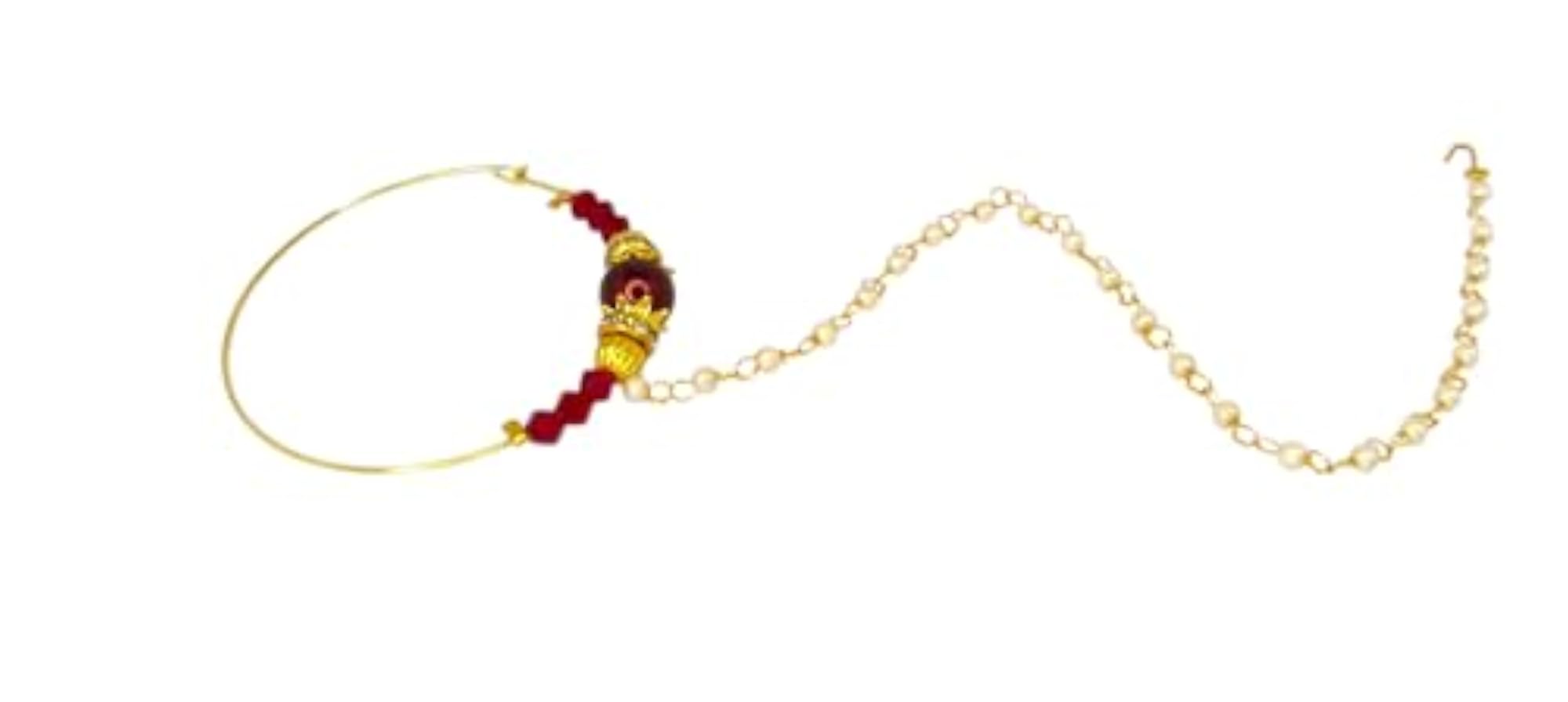 Traditional Gold-Toned Nose Ring Set with Pearl Chain & Maroon Crystal Beads