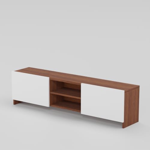 Image of Modern Living Room TV Stand with Open Display Compartment, Dual Side Storage Units, and Clean Contemporary Design for Home Decor | Assembly-DIY | Color-Cherry Pine & White