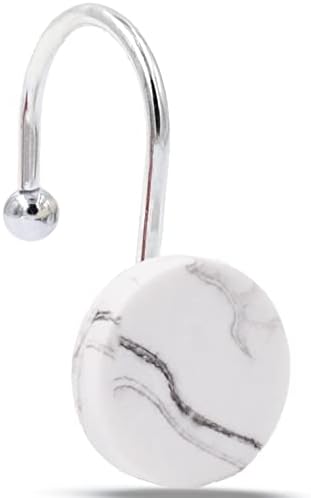 CandyGrid Shower Curtain Hooks Decorative, White Shower Curtain Hooks Rust Proof, Set of 12 Stainless Steel Shower Curtain Hooks Rings, Shower Curtain Hangers for Bathroom Curtains Rods (White Marble)