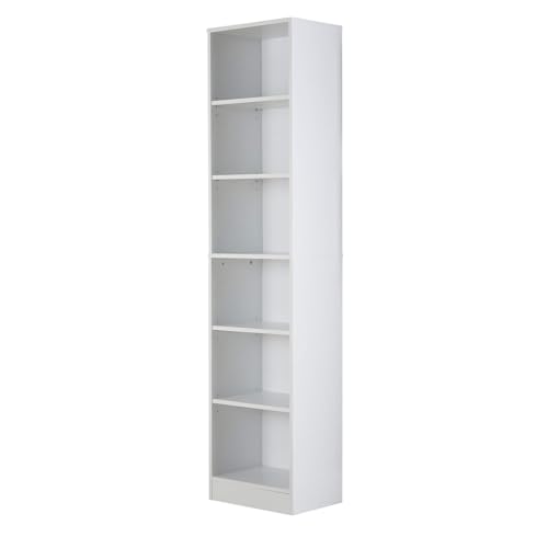 Home Source Tall Bookcase, Narrow Open Adjustable Shelves, Display Storage Cabinet, 6 Tier, White