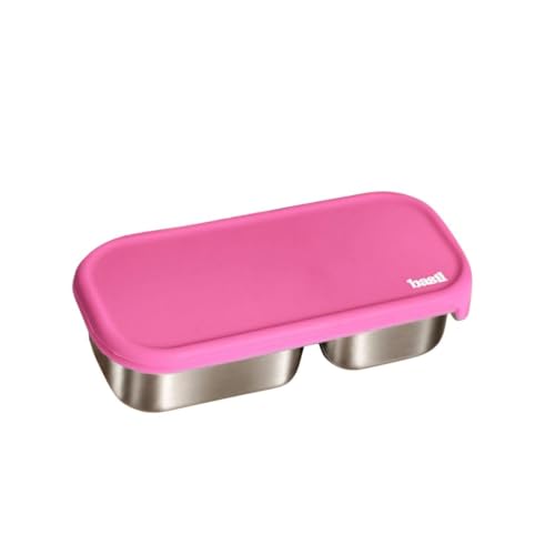 Image of Basil Stainless Steel 2 Compartment Pickle & Dip Container | Chutney Box for Tiffin | Leak Proof Container with Food Grade Silicone Lid | Dip Box for Ketchup & Sauces | School & Office - Pink