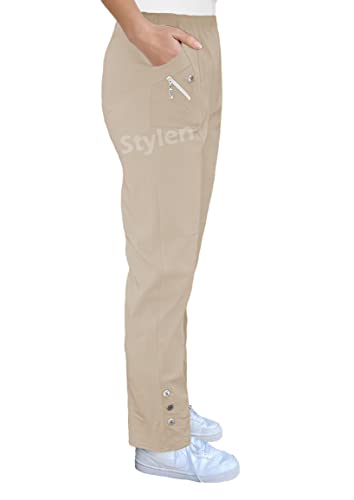 URBAN STITCH Womens Trouser Casual Wear Elasticated High Waist Pants Light Weight Straight fit Stretchy Trousers (14, Beige) - Image 3