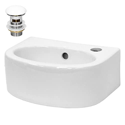 ECD Germany Lavabo Vasque en Céramique Blanc 335x255x130 mm Ovale, Bonde Incluse en Céramique/Acier INOX, Trou pour Robinet à Droite, Lave-Main Évier à Poser ou Suspendu de Salle de Bain Toilette