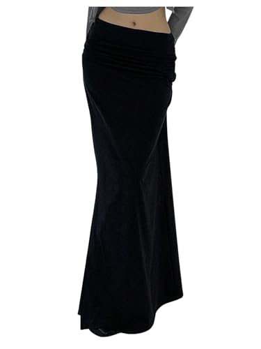 GORGLITTER Women's Side Slit Bodycon Maxi Skirt Low Waist Ruched Pencil Long Skirts with Slit Dressy Fall 2025