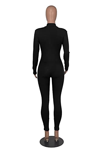 Ophestin Women Solid Color Zipper Mock Neck Long Sleeve Ribbed Bodycon Jumpsuits Black L #TOP3