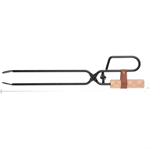 Tidgel Pinzas de fuego resistentes, para barbacoa de camping, pinzas de hierro de 47,5 cm con mango de roble resistente al calor, mandíbulas de pico de pato, para carbón y madera