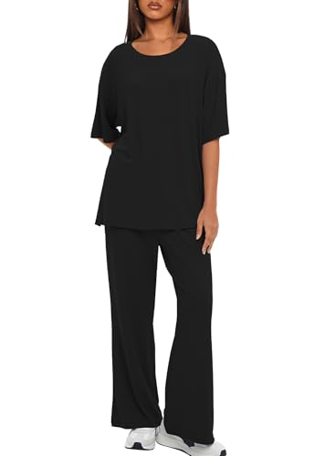 Image of Darong Women's Two Piece Sets Casual Short Sleeve Top Wide Leg Pants Lounge Matching Set Travel Vacation Airport Outfits