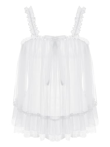 Men's Sissy Lace Floral Tank Top Ruffle Straps Mesh Undershirt Camisole Transparent Vest Top