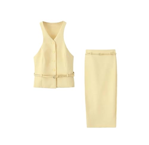 Costume vintage uni femme avec haut sans manches boutonné et jupe longue droite