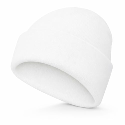 Image of WS UK Kids Beanie Hat - Unisex Slouch Winter Woolly Turn Up Knitted (White)