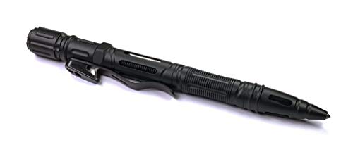 Ultimate Tactical Pen with LED Flashlight | Survival Pen, Comes with 2 refills! Tactival Pen with Glass Breaker, 2 Screw Drivers, Whistle, Flint Stone, Rope Cutter, LED Flashlight (Black Aluminum)