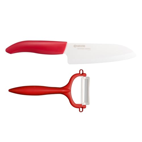 Kyocera Juego de Corte y pelado, Juego de Cuchillos, Cuchillo Santoku de 14 cm, pelador CP-10, Hoja de cerámica de circonio Afilada, Afilada a Mano, Ligera, no corrosiva, Apta para lavavajillas, roja