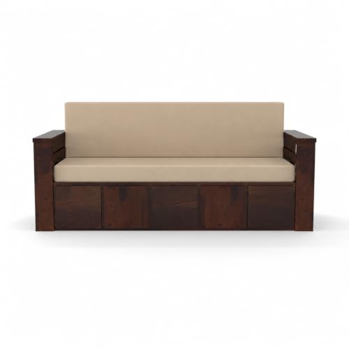 Image of Kunjal Furniture Solid Sheesham Wood Sofa Cum Bed with Storage for Living Room | Natural Finish | 3-Seater Convertible Sofa Bed | Handmade Wooden Furniture (Walnut (Beige), Contemporary)