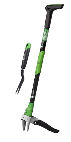 VOUNOT® Unkrautstecher mit Handgabel, Unkraut entferner Gerät, Unkrautjäter mit langem Stiel und Edelstahlkrallen ideal für Garten und Rasen, Länge 100cm