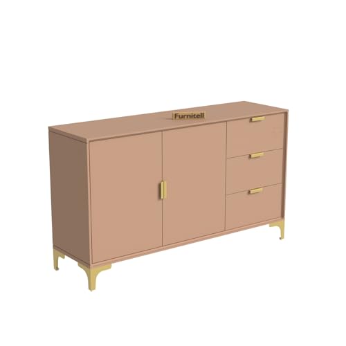Image of Wooden Sideboard Cabinet for Living Room & Bedroom | Wooden Storage Cabinet with 2 Doors & 3 Drawers Storage | Large Storage Organizer /Cupboard | HDMR Premium Wood | Gold Metal Legs (Beige)