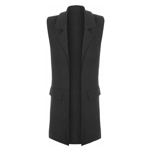 LUXFAB Ladies Front Open Sleeveless Long Duster Coat Waistcoat Blazer Womens Sleeveless Open Front Long Waistcoat Stylish Crepe Pocket Jacket Coat Plus Size UK Size 8-26