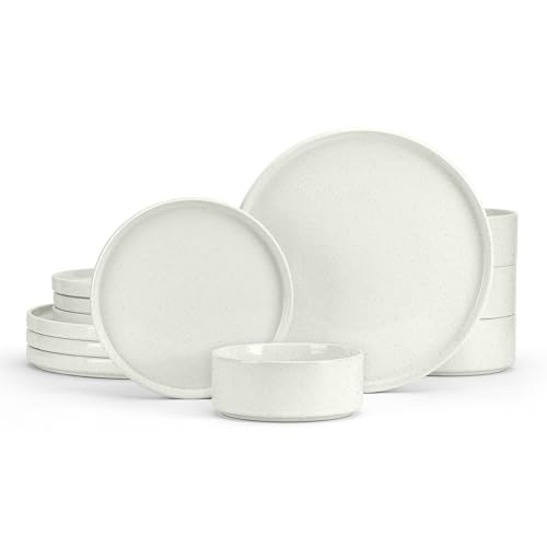E-far Stoneware Dinnerware Sets, 12-Piece Plates and Bowls Dish Set for 4, Kitchen Modern Dinning Dishware, Chip and Scratch Resistant, Microwave & Dishwasher Safe, Speckled White