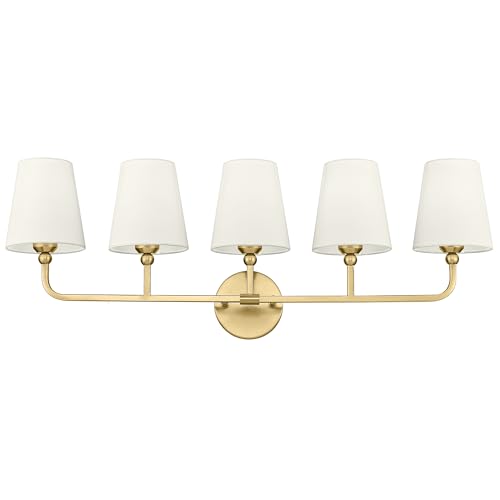 Image of 5-Light Bathroom Light Fixtures, Brushed Gold Vanity Lights with Flared Beige Fabric Shade, 35 Inch Wall Sconce, Vintage Sconces Wall Lighting for Hallway Bedroom, VL837-BG-B-5