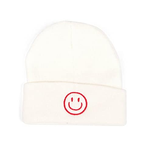 AJG Beanie Hats for Men,Unisex Smile Face Embroidered Acrylic Soft Warm Winter Cuffed Knit Hats for Women… (US, Numeric, 7, 7 1/2, 1-White) Cover
