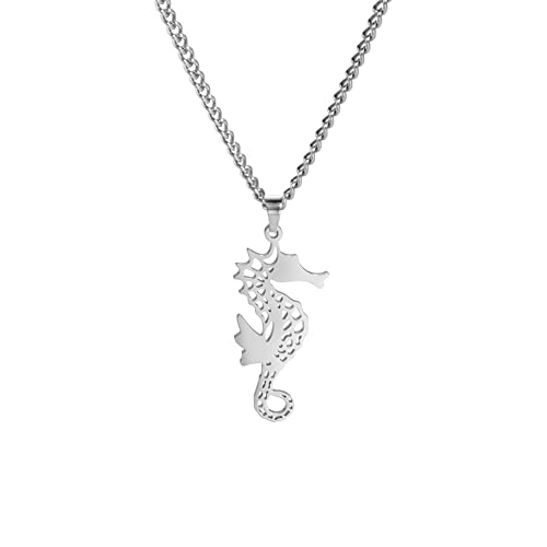 EUEAVAN Hippocampe Pendentif Collier En Acier Inoxydable Creux Animal Charme Collier Hawaïen Pendentif Chaîne Collier Océan Cadeaux (Argent)