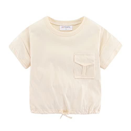 Mud Kingdom Girls T-Shirts Casual Short Sleeve Tops with Chest Pocket Cute Plain Summer Tees with Drawstring Hem