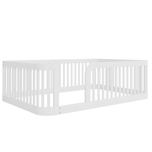 Image of Bellemave Full Size Floor Bed Frame with High Fence,Solid Wood Kids Montessori Floor Bed Full Size for Kids Girls Boys,Rounded Corner Design,White