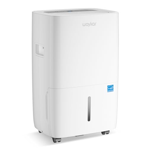 Waykar 80-Pint Energy Star Dehumidifier in white with black trim positioned in a Midwest basement, the 2.5-gallon water tank visible at the front, a continuous drain hose routed out the back to a nearby floor drain, the digital control panel showing the current 65% relative humidity and the 50% target setpoint, an EPA Energy Star yellow EnergyGuide label on the side panel — the largest-tank Energy Star certified dehumidifier on this list and the right pick for 5,000 sqft damp basements where the 24/7 electric bill matters.